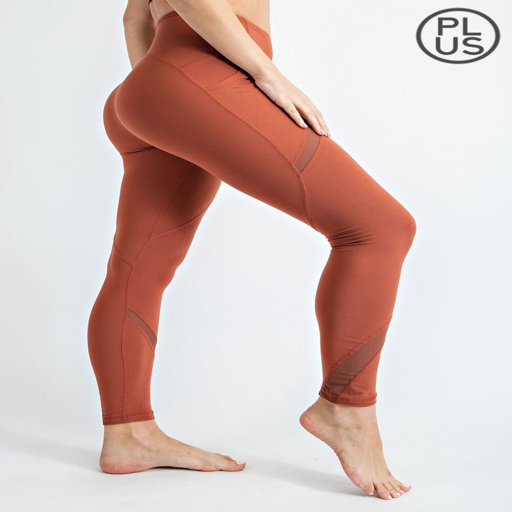 MICROFIBER BUTTER SOFT MESH DETAIL LEGGINGS W/POCKETS SOLID 1X-3X DK TERRACOTTA